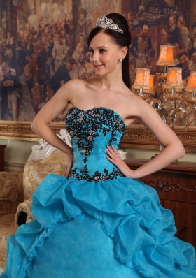 Teal Pick-ups Quinceanera Dress Organza Beading Strapless