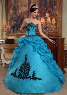 Teal Pick-ups Quinceanera Dress Organza Beading Strapless