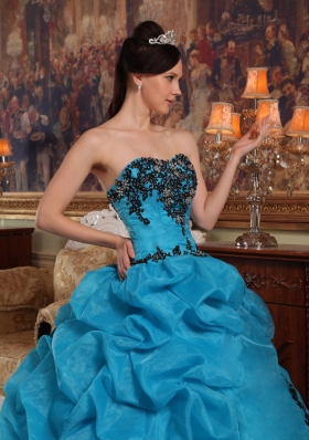 Teal Pick-ups Quinceanera Dress Organza Beading Strapless