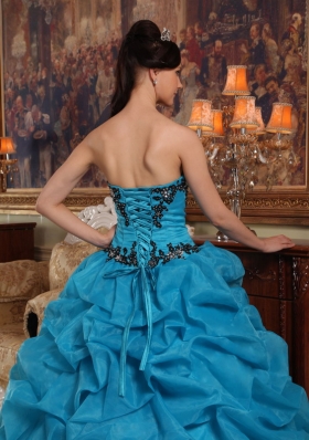 Teal Pick-ups Quinceanera Dress Organza Beading Strapless