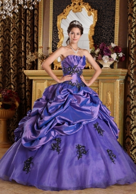 Purple A-Line Strapless Ruched Appliques Quinceanera Dress