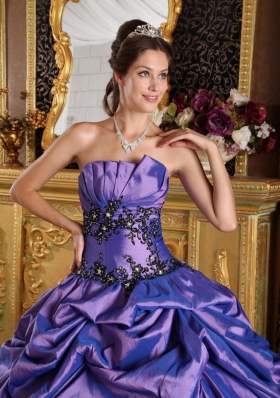 Purple A-Line Strapless Ruched Appliques Quinceanera Dress