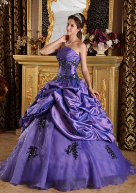 Purple A-Line Strapless Ruched Appliques Quinceanera Dress