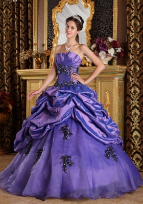 Purple A-Line Strapless Ruched Appliques Quinceanera Dress