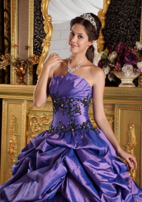 Purple A-Line Strapless Ruched Appliques Quinceanera Dress