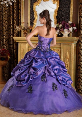 Purple A-Line Strapless Ruched Appliques Quinceanera Dress