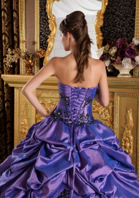 Purple A-Line Strapless Ruched Appliques Quinceanera Dress