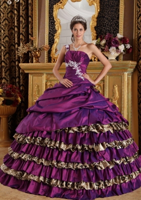 Leopard Purple Layered One Shoulder 15 Quinceanera Dress