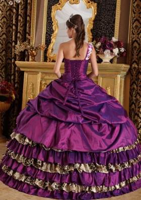 Leopard Purple Layered One Shoulder 15 Quinceanera Dress