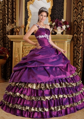 Leopard Purple Layered One Shoulder 15 Quinceanera Dress