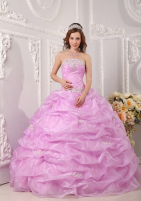 Lavender Strapless Pick Ups Organza Appliques Quinceanera Dress