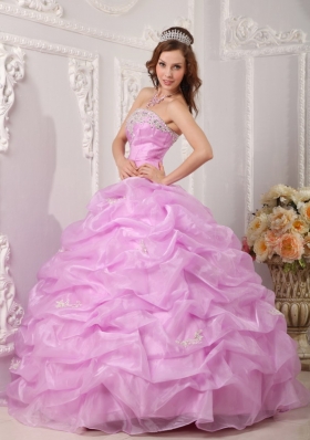 Lavender Strapless Pick Ups Organza Appliques Quinceanera Dress