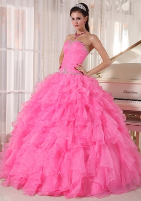 Pink Quinceanera Dress Beading Pleats Ruffles Over