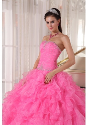 Pink Quinceanera Dress Beading Pleats Ruffles Over