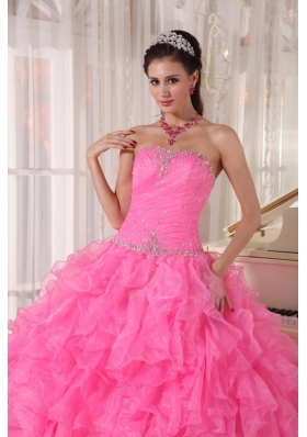 Pink Quinceanera Dress Beading Pleats Ruffles Over