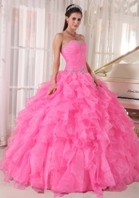 Pink Quinceanera Dress Beading Pleats Ruffles Over