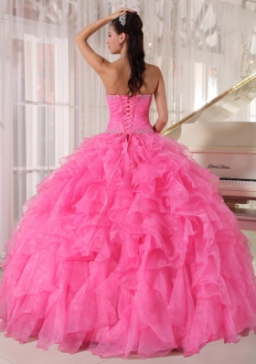 Pink Quinceanera Dress Beading Pleats Ruffles Over