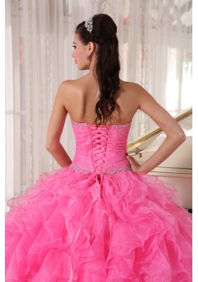 Pink Quinceanera Dress Beading Pleats Ruffles Over