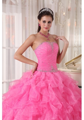 Pink Quinceanera Dress Beading Pleats Ruffles Over