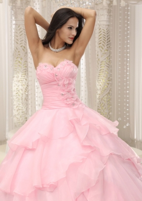 Baby Pink Ruched Hand Made for Quinceanera Dress