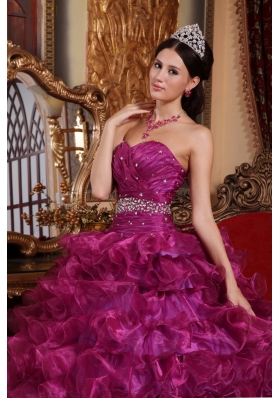 Fuchsia Beading Quinceanera Dress With Ruffles