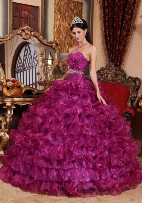 Fuchsia Beading Quinceanera Dress With Ruffles