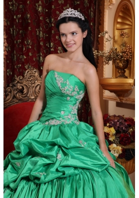 Green Ball Gown Quince Dress Pick-ups Appliques