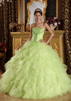 Yellow Green Embroidery Quince Dress Corset