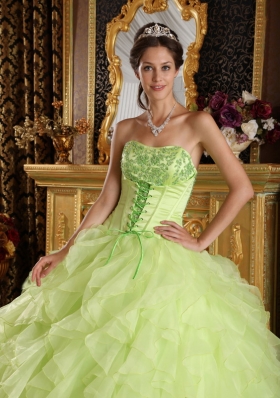 Yellow Green Embroidery Quince Dress Corset