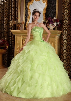 Yellow Green Embroidery Quince Dress Corset