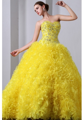 Sweet 15 Dresses Yellow A-Line Brush Beading Ruffles