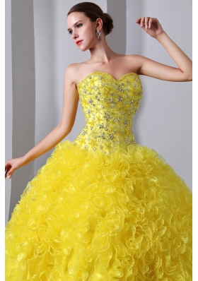 Sweet 15 Dresses Yellow A-Line Brush Beading Ruffles