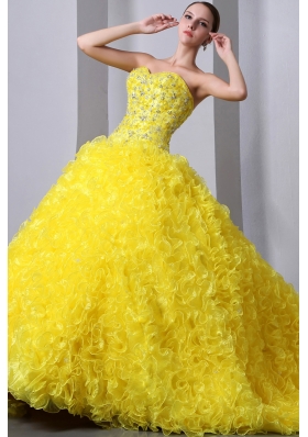 Sweet 15 Dresses Yellow A-Line Brush Beading Ruffles