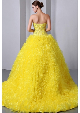 Sweet 15 Dresses Yellow A-Line Brush Beading Ruffles