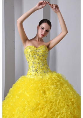 Sweet 15 Dresses Yellow A-Line Brush Beading Ruffles