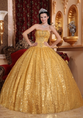 Gold Ball Gown Quinceanera Dress Sequins Over