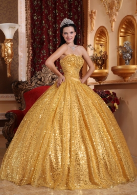 Gold Ball Gown Quinceanera Dress Sequins Over