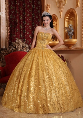 Gold Ball Gown Quinceanera Dress Sequins Over