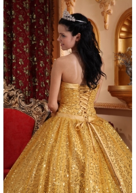 Gold Ball Gown Quinceanera Dress Sequins Over