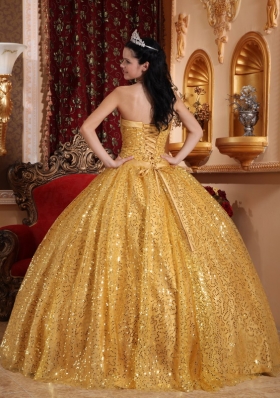 Gold Ball Gown Quinceanera Dress Sequins Over