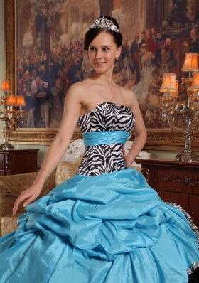 Aqua Blue and Black Pick-ups Zebra Quinceanera Dress