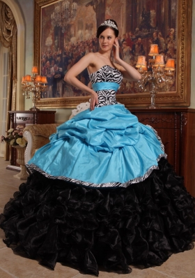 Aqua Blue and Black Pick-ups Zebra Quinceanera Dress