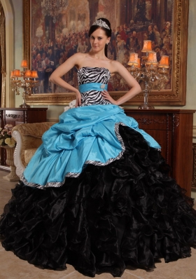 Aqua Blue and Black Pick-ups Zebra Quinceanera Dress