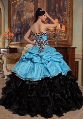 Aqua Blue and Black Pick-ups Zebra Quinceanera Dress