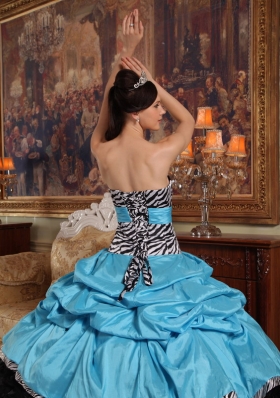 Aqua Blue and Black Pick-ups Zebra Quinceanera Dress