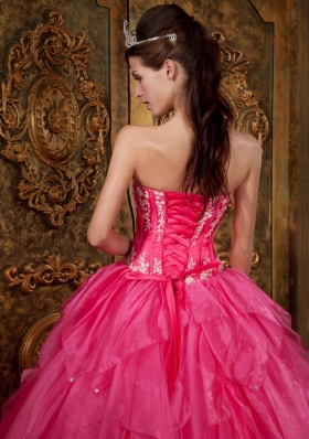 Ball Gown Appliques Organza Hot Pink Quinceanera Dress