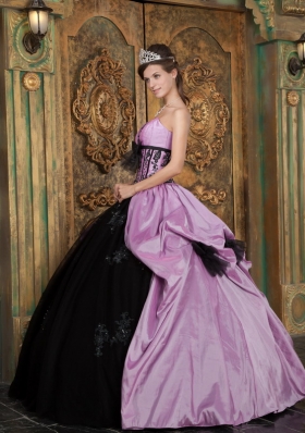 Purple and Black Quinceanera Dress Appliques Bowknot