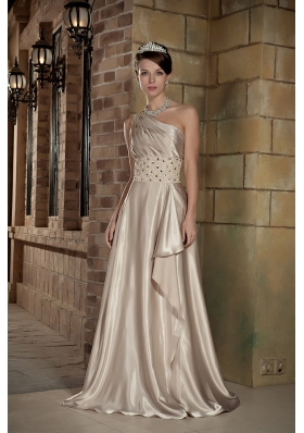 Silk Like Satin One Shoulder Brush Prom Dress Beaded