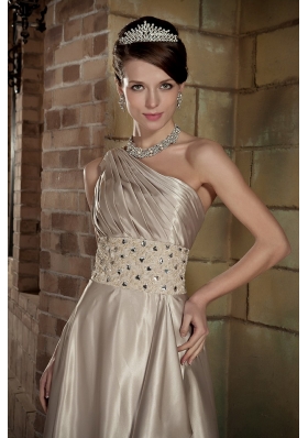 Silk Like Satin One Shoulder Brush Prom Dress Beaded