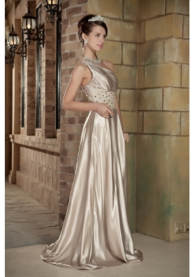 Silk Like Satin One Shoulder Brush Prom Dress Beaded